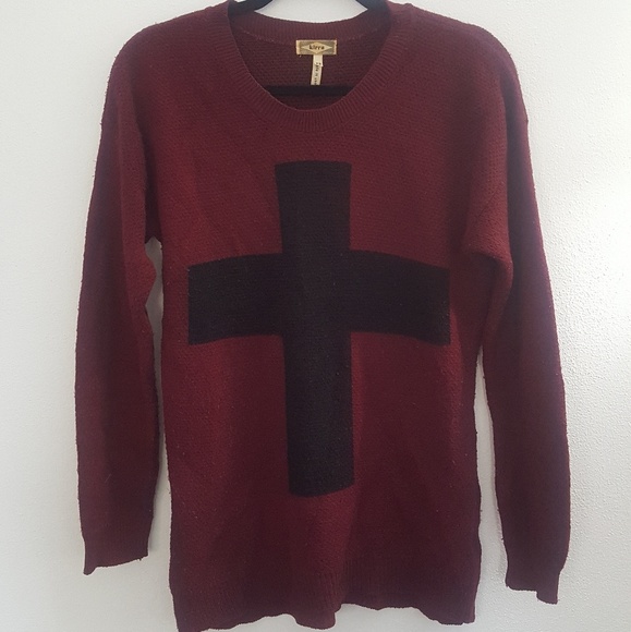 Kirra Oversized Black and Burgundy Cross Sweater - Picture 2 of 4